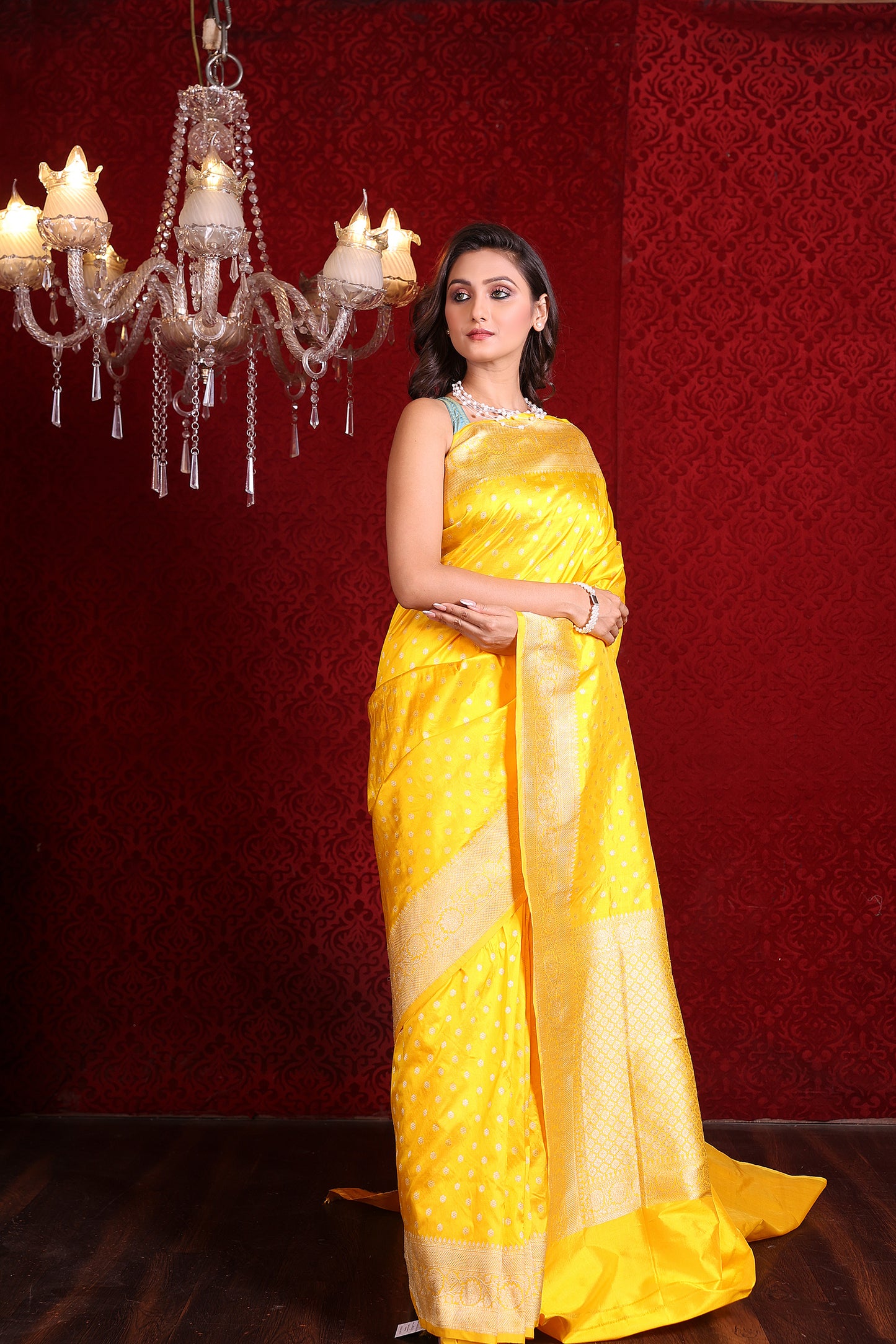 Yellow Booti Katan Silk Saree