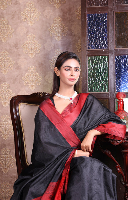 Soft silk saree in Black-Red featuring classic Banarasi weaving appeal
