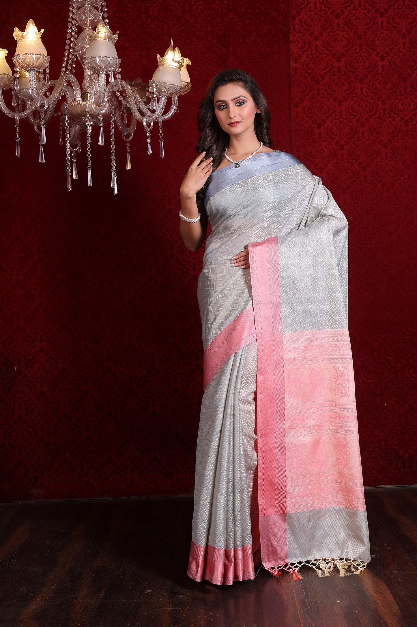 Soft Silk Weaving Saree (Grey – Baby Pink)