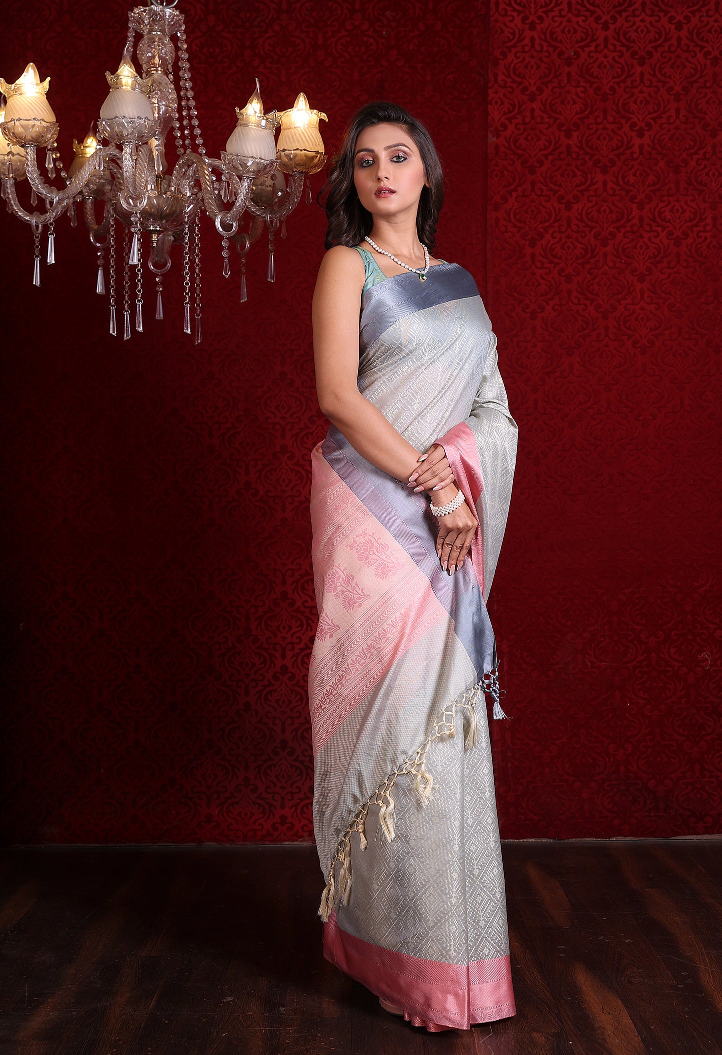 Soft Silk Weaving Saree (Grey – Baby Pink)