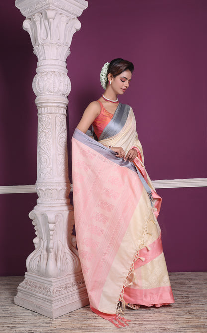 Soft silk weaving saree in lemon yellow–pink with classic Banarasi handloom artistry