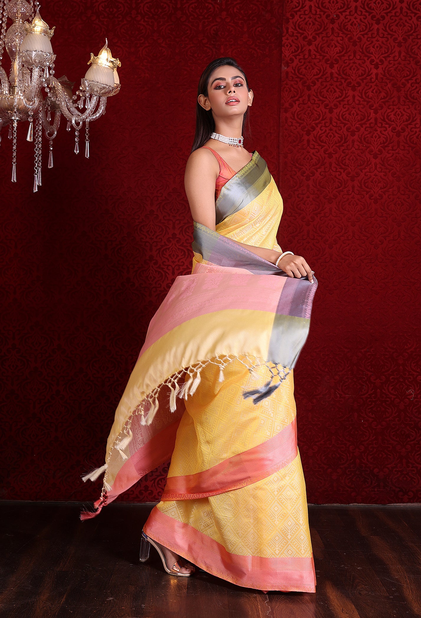 Soft Silk Weaving Saree (Haldi Yellow – Pink)