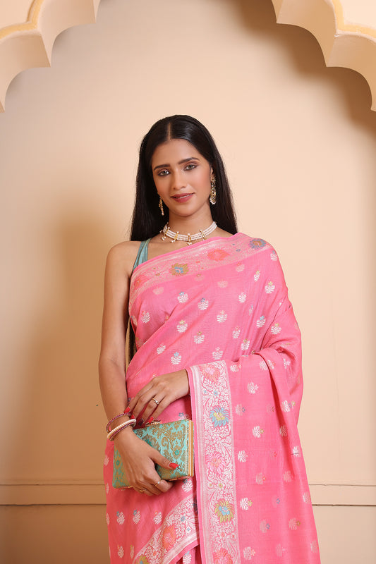 Baby Pink Tusser Khaddi Silver Zari Saree