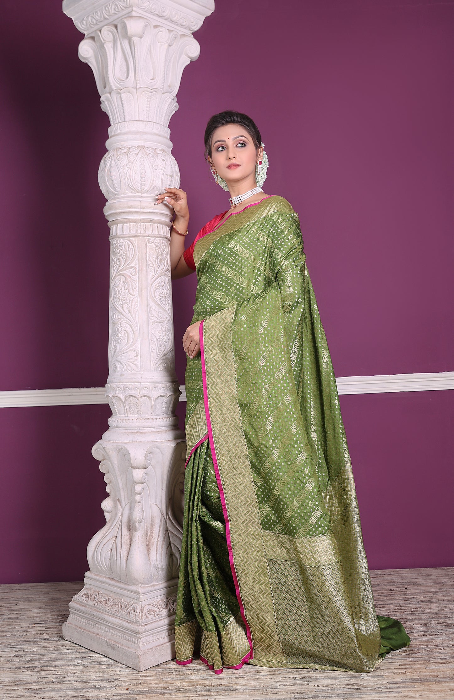 Mehendi Green Katan Leheriya Silver Gold Zari Saree