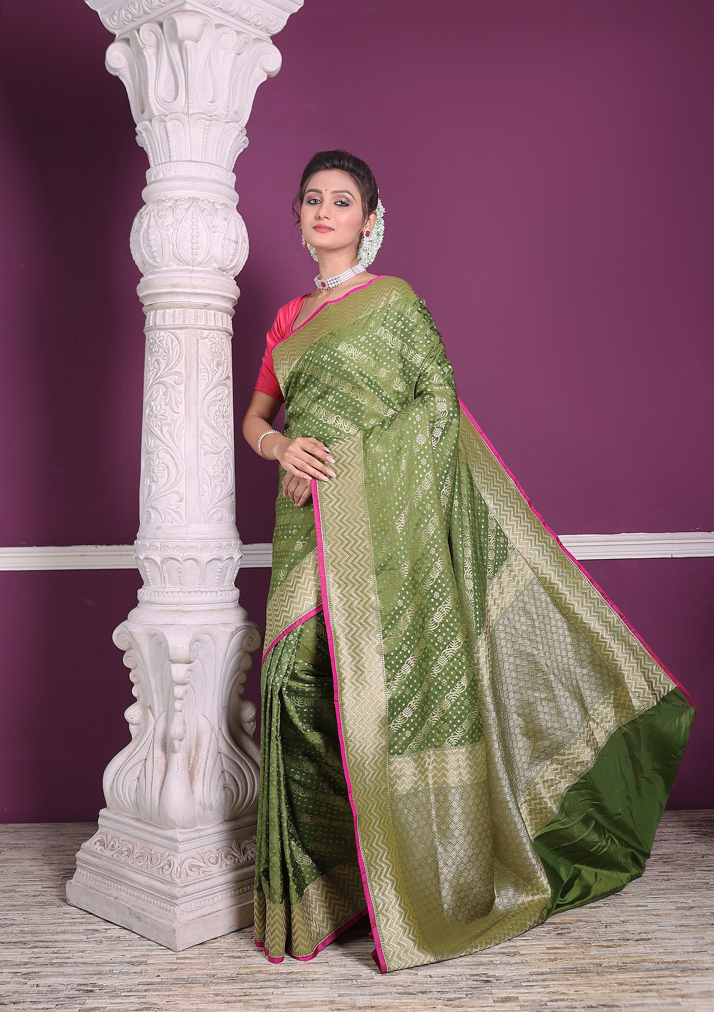 Mehendi Green Katan Leheriya Silver Gold Zari Saree