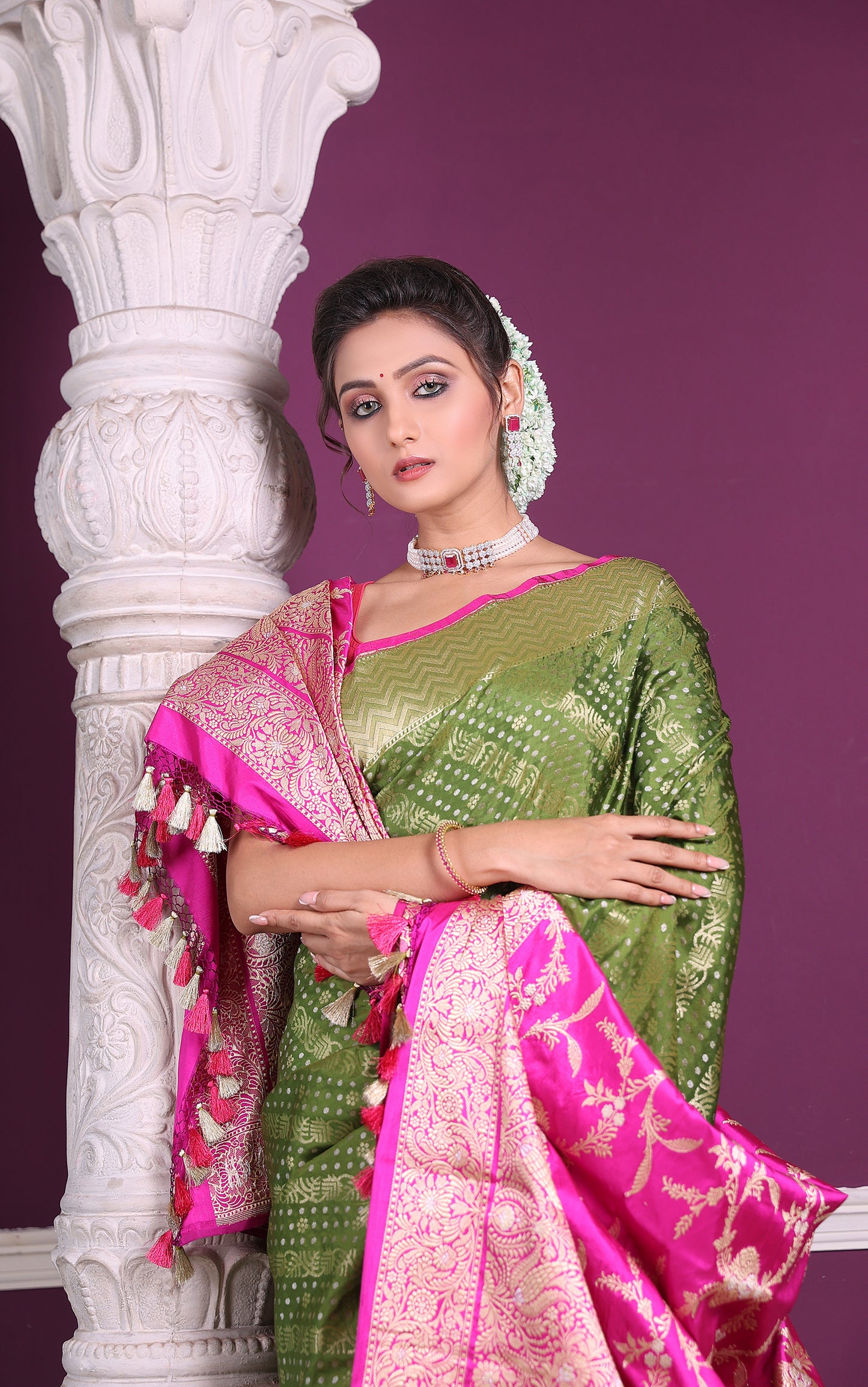 Mehendi Green Katan Leheriya Silver Gold Zari Saree