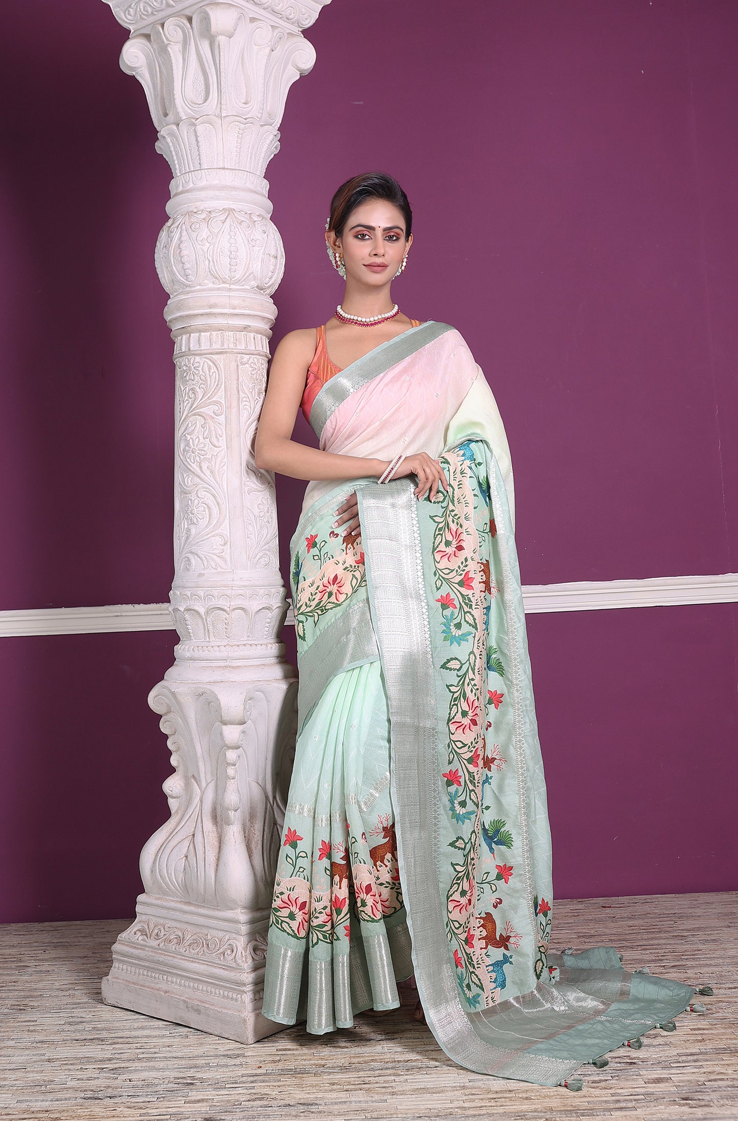 Animal Story Silver Zari Saree (Pastel Green)