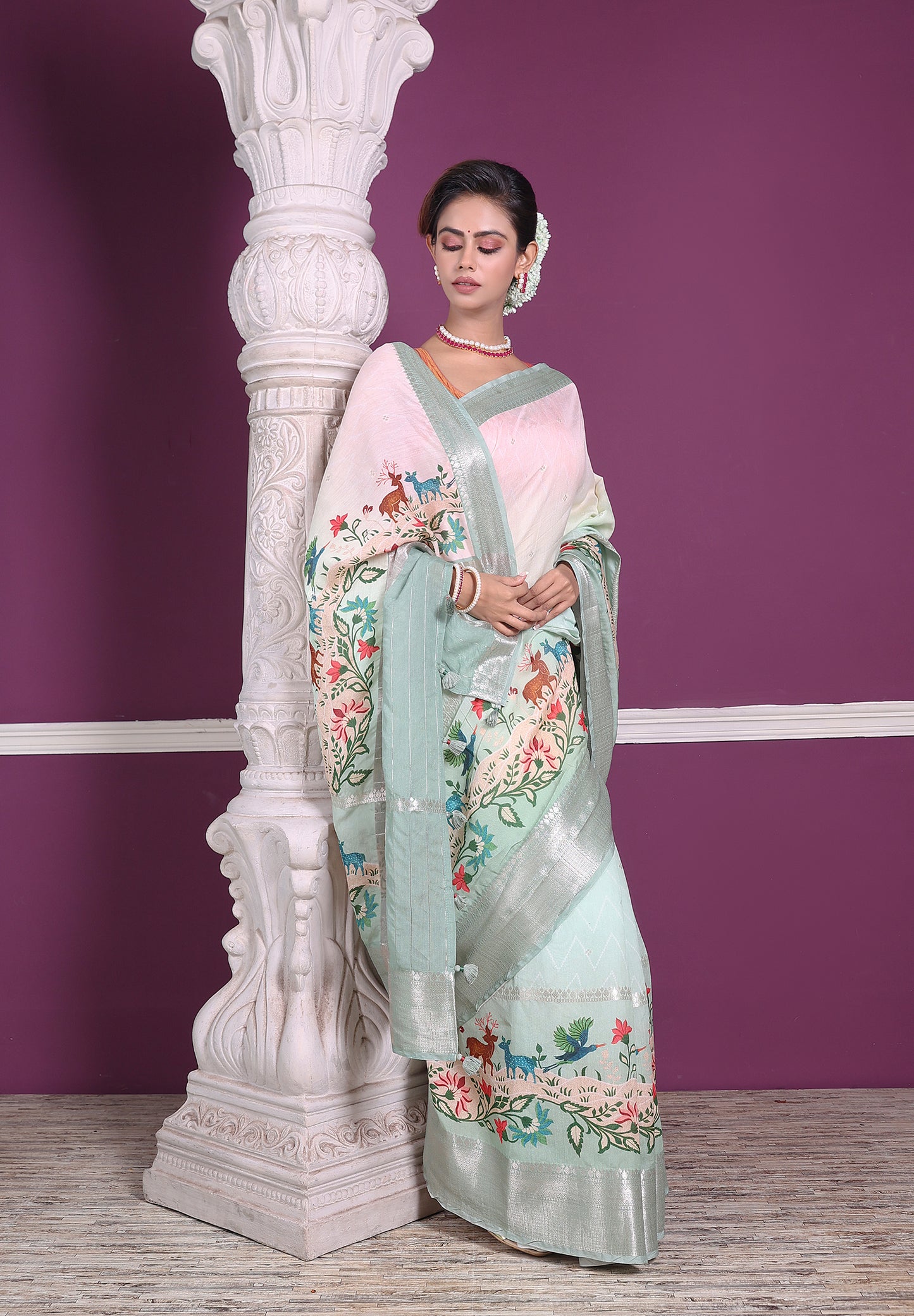 Animal Story Silver Zari Saree (Pastel Green)