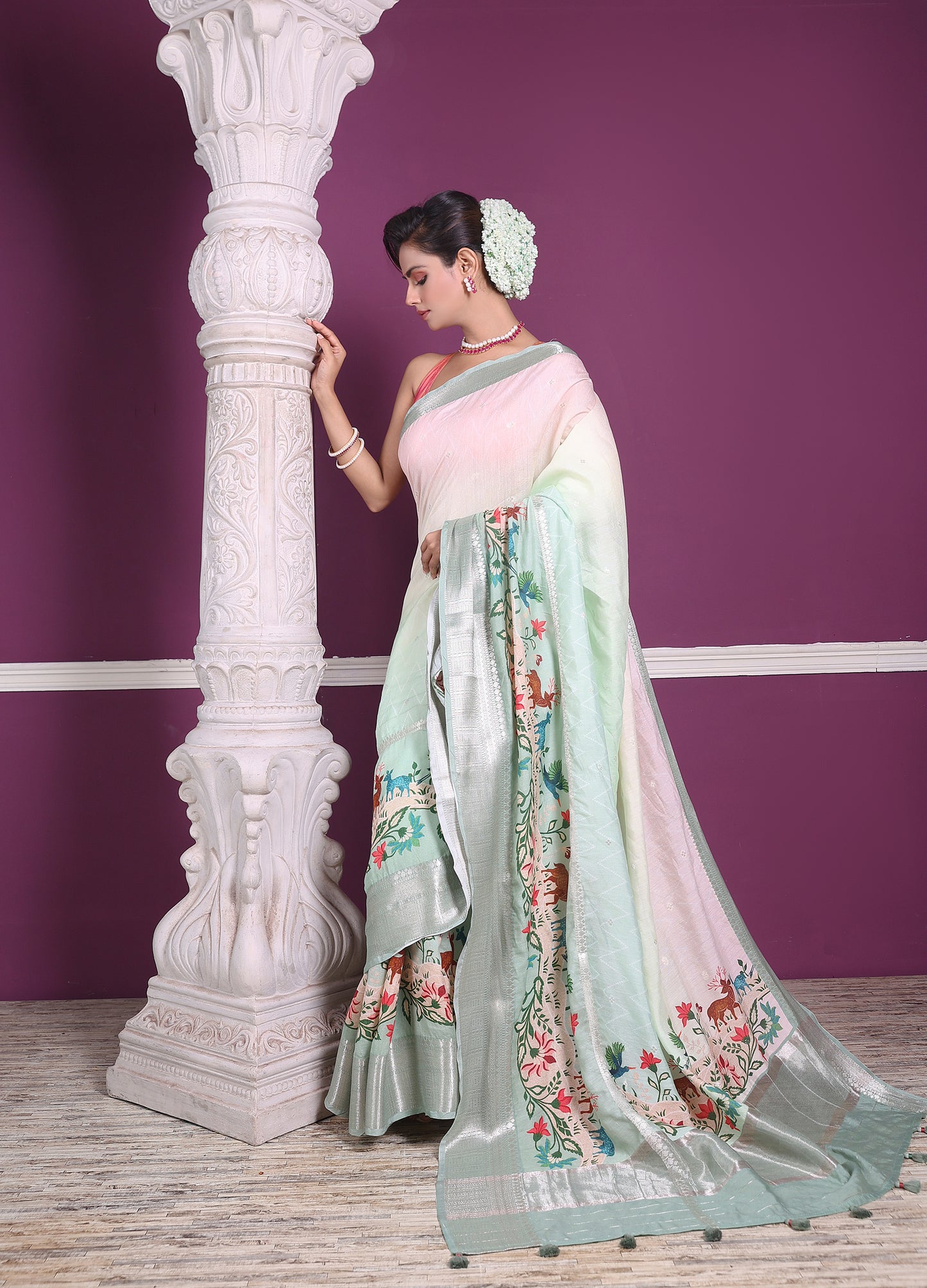 Animal Story Silver Zari Saree (Pastel Green)