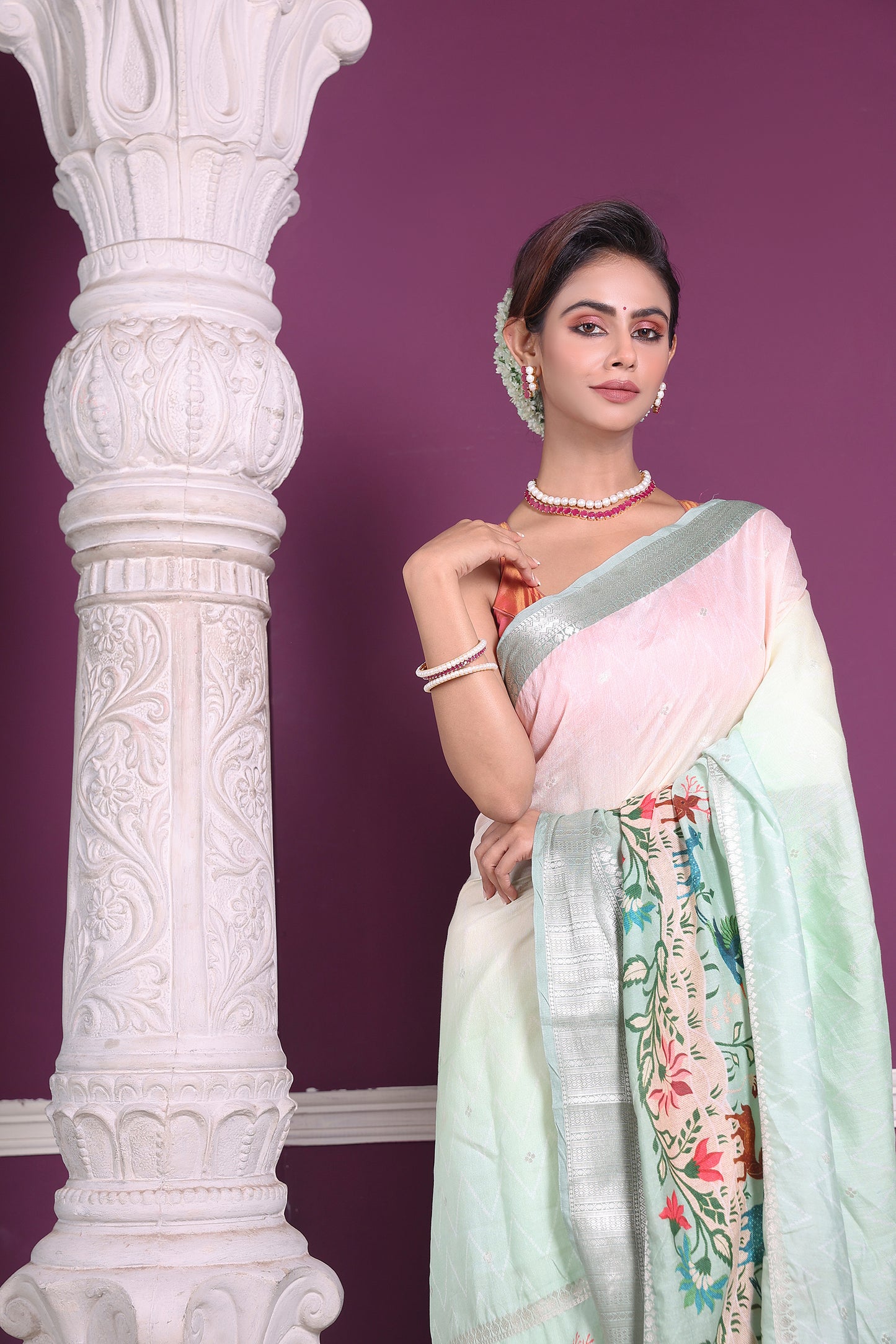 Animal Story Silver Zari Saree (Pastel Green)