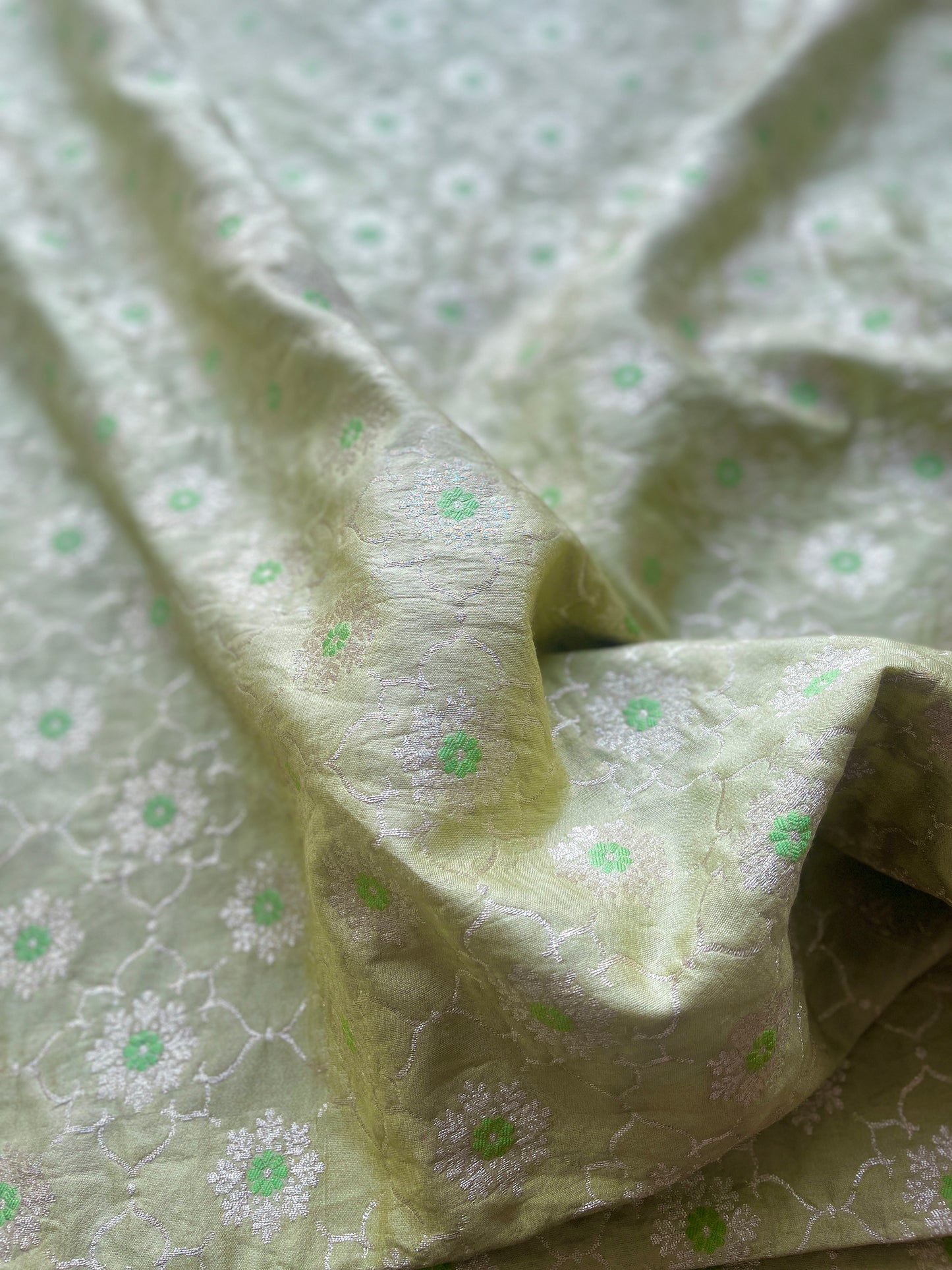 Mulberry Silk Pista Green Jaal Fabric