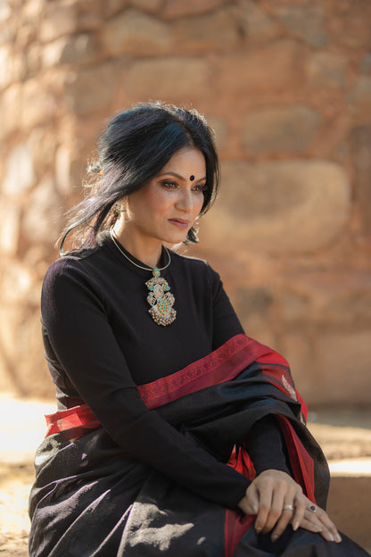 Authentic handloom woven soft silk saree in Black-Red with Banarasi aesthetics