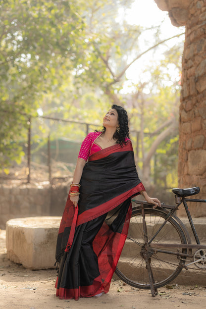Traditional Black-Red soft silk Banarasi saree crafted on handloom
