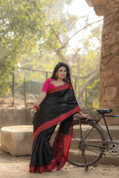 Black-Red soft silk Banarasi silk saree with timeless ethnic design